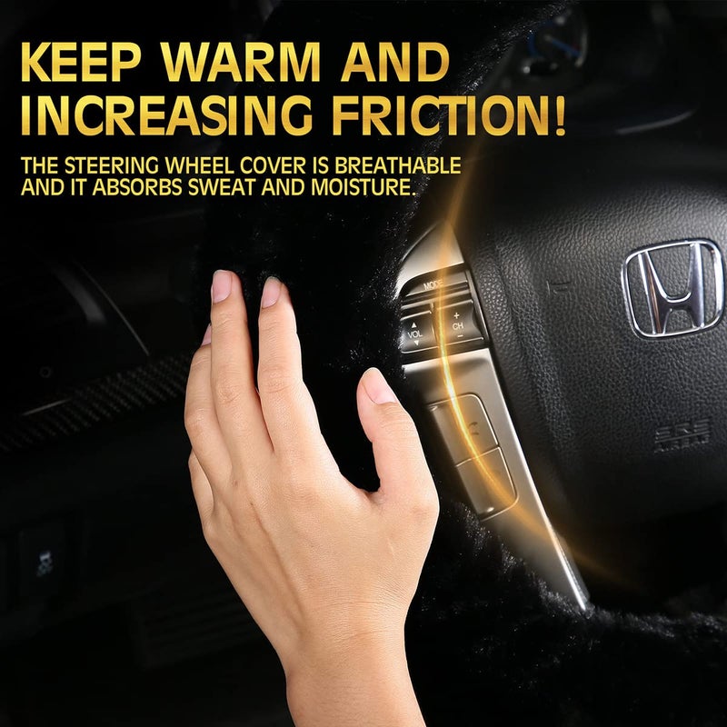 Cxtiy Warm Steering Wheel Cover with Handbrake Cover & Gear Shift Cover, Soft Fazzy Steering Wheel Wrap Faux Wool Fluffy for Winter 3 Pcs1 Set Fit Most of Car(Black) - Image 5